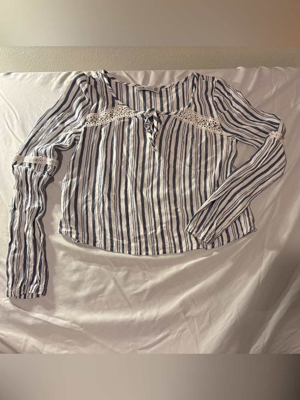 Hollister Blue & White Striped Lace-Trim Peasant Blouse